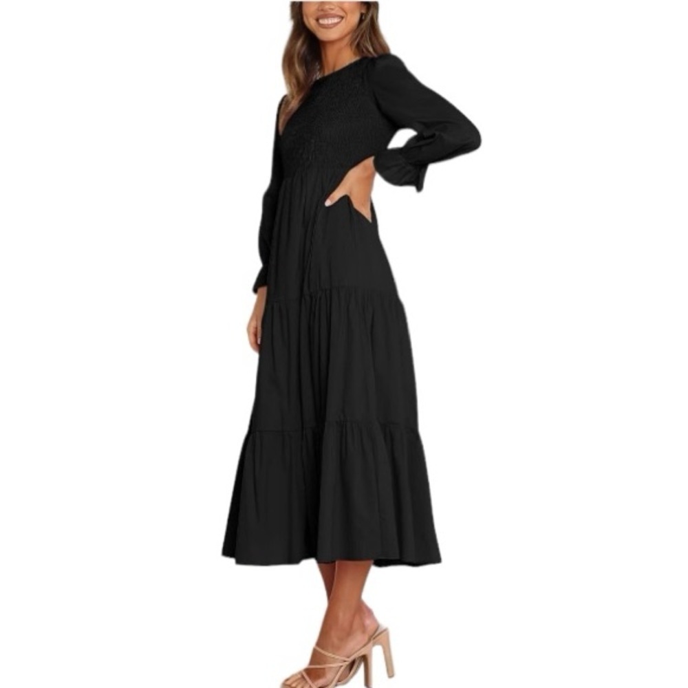 NWT Women's Casual Long Sleeve Dress Crew Neck Smocked Hight Waist Flowy Maxi - Picture 6 of 7